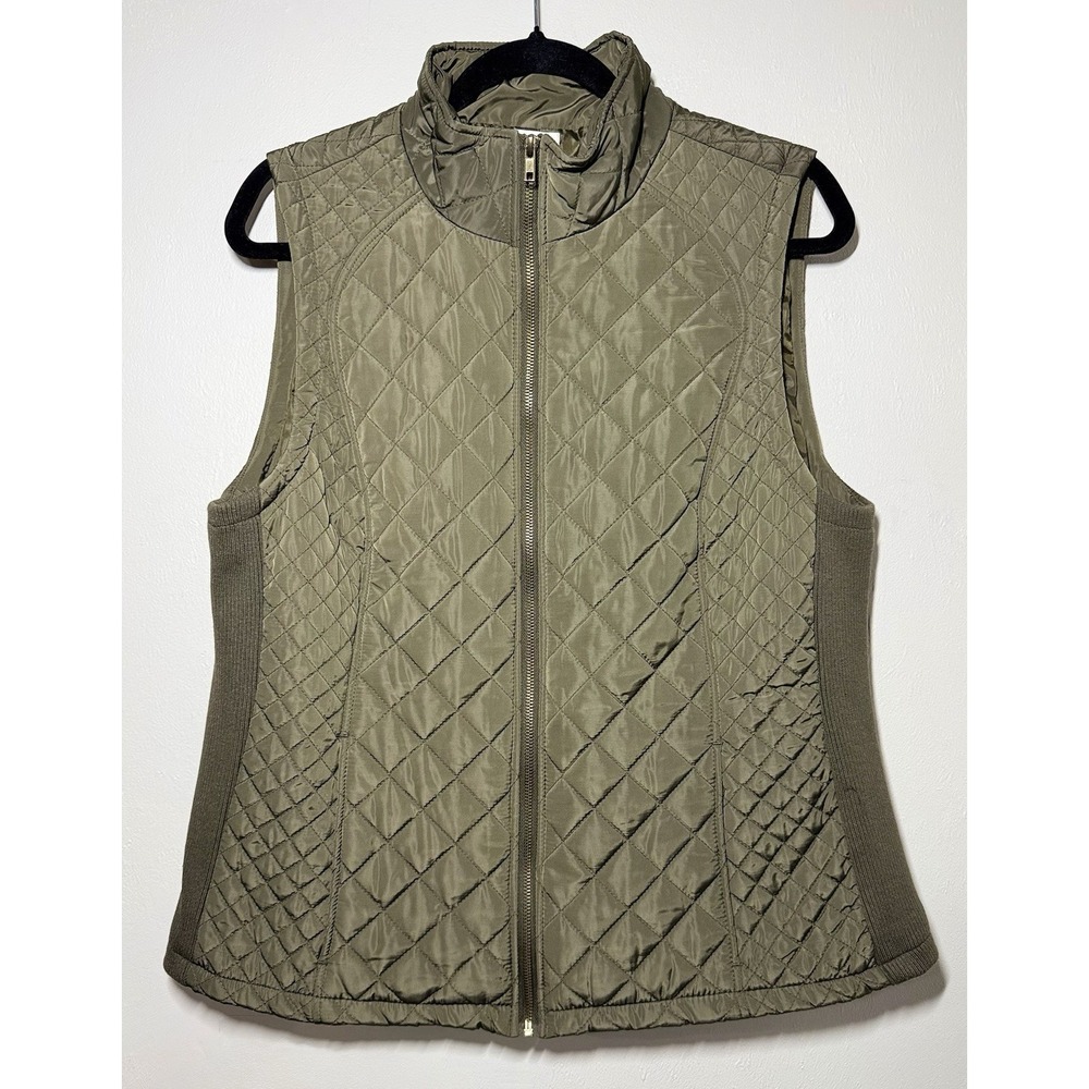Aspen Quilted Puffer Vest Womens Size XL Olive Green Ribbed Side Panels Full Zip
